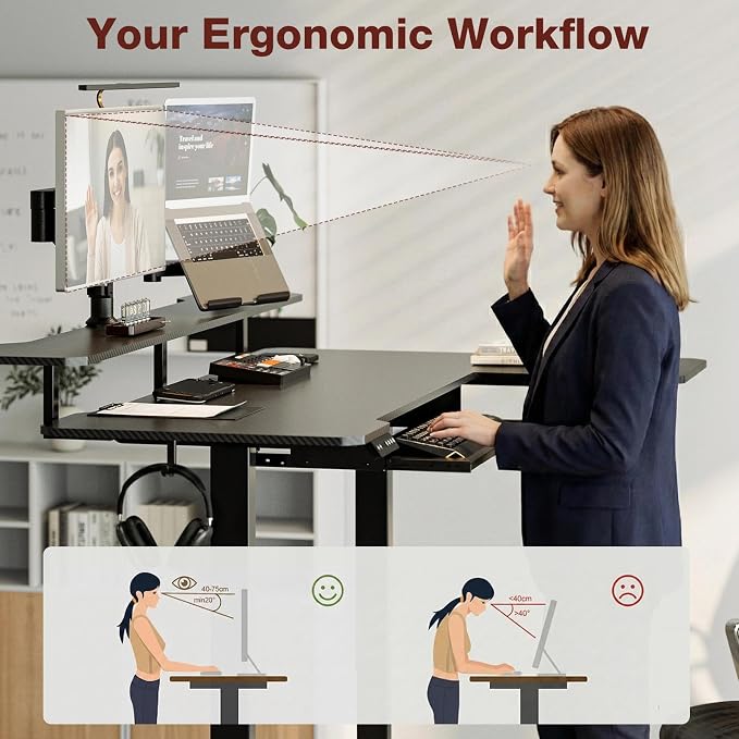 Acrolix 59 Inch L Shaped Standing Desk with Shelves and Keyboard, Electric Corner Standing Desk Adjustable Height, Sit Stand Computer Table with Reversiable Splice Board，Black Carbon