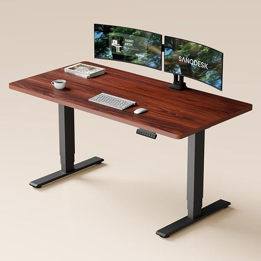 SANODESK Standing Desk with Dual Motor, 3-Stage Lifting Column, Handset with 3 Preset and Sit-Stand Reminder - 60 inch One-piece Mahoney Desk/Black Frame, Height Adjustable Desk for Home and Office