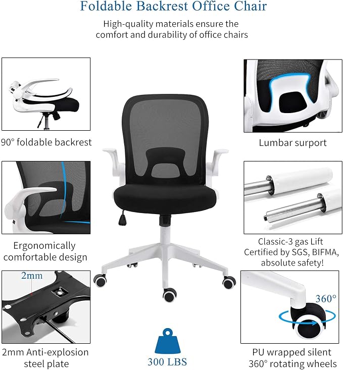 IPKIG Foldable Office Chair - Home Office Desk Chairs with Wheels and Flip-Up Arms - Ergonomic Backrest Mesh Computer Chair Adjustable Swivel Rolling Home Executive (White)