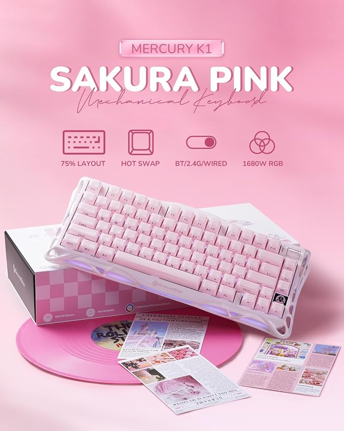 GravaStar Mercury K1 75% Pink Wireless Keyboard, Aluminum Alloy Exoskeleton Design Mechanical Gaming Keyboard, Gasket Hot-Swap Socket, Linear Switches, RGB Backlit【Sakura Pink】