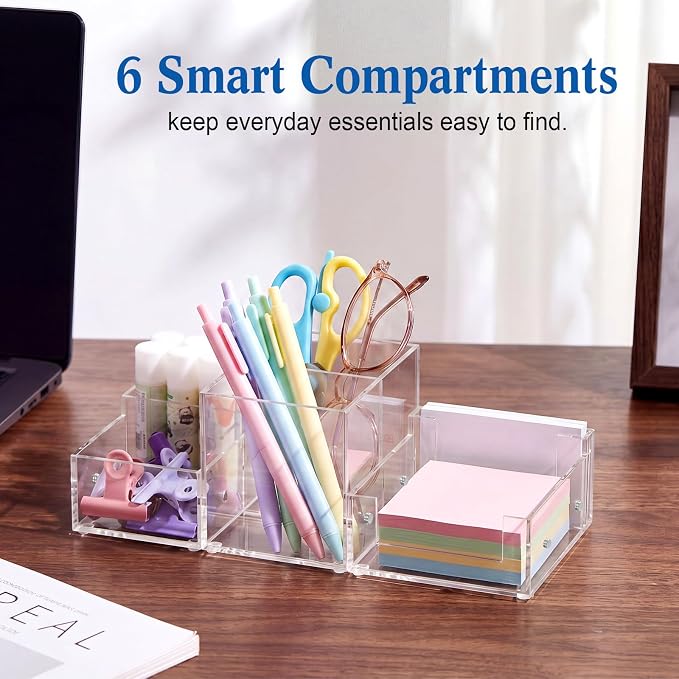 Novabright Magnetic Acrylic Desk Organizer, 3-in-1 Modular Pen Holder, Clear Desktop Stationery Caddy with Sticky Note Tray, 6 Compartments Office & Home Desk Storage Organizer