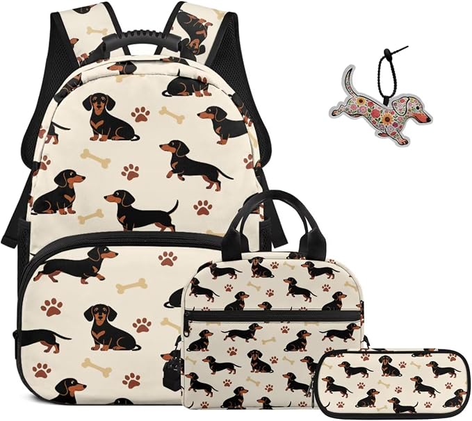 ZFRXIGN Dachshund Dog Teen Girls Backpack for School with Cute Pendant 4pc Backpack Set for Boys 17inch Middle High School Bag and Lunch Box Portable Pencil Case