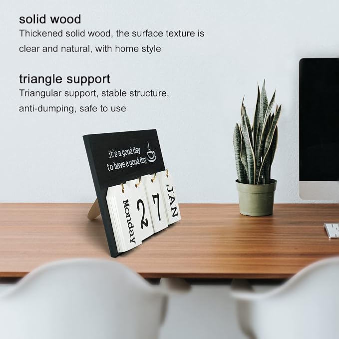 Notakia Perpetual Flip Calendar Wooden Desk Calendar - Vintage Date Blocks for Desk, with Month & Day Display, Wooden Block Calendar for Home Office Accessories (Flip Black)