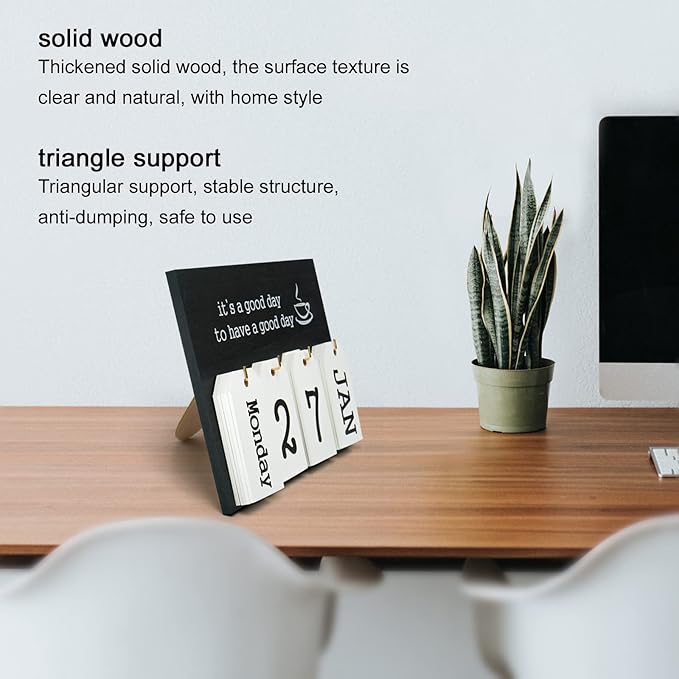 Notakia Perpetual Flip Calendar Wooden Desk Calendar - Vintage Date Blocks for Desk, with Month & Day Display, Wooden Block Calendar for Home Office Accessories (Flip Black)