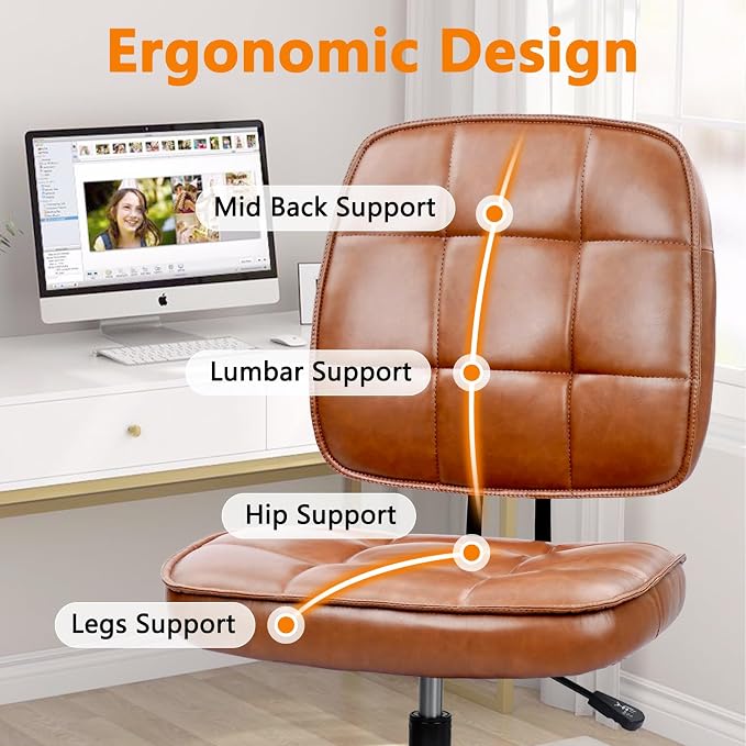 CLATINA Home Office Chair No Arms with Wheels, Armless Small Leather Ergonomic Low Back Desk Chairs Adjustable Height 360° Swivel Rolling Computer Task Chair for Work Conference Room, Brown, 4 Pack