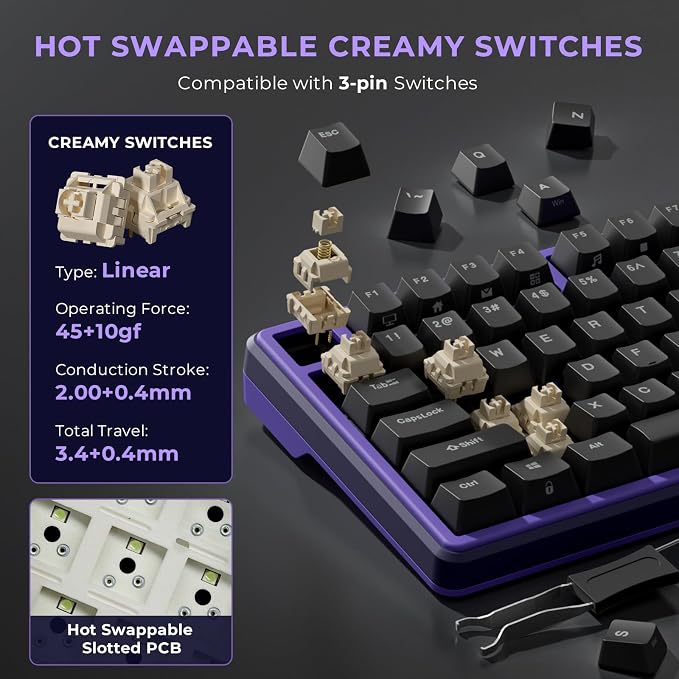 RK ROYAL KLUDGE X87 Mechanical Keyboard 75% Wired Keyboard Gaming with 86 Keys, Gasket Mount, Ice-Blue Backlight, Purple Shell Design, Software Support, Hot-Swappable Creamy Switch Black