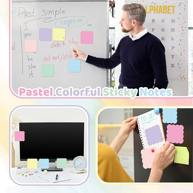 JarThenaAMCS 18 Pack Scalloped Sticky Notes Pastel Wavy Edge Memo Pads 3 Inch Colorful Self-Adhesive Notepads for School Office Home Accessories Party Decor Supplies, 360 Sheets