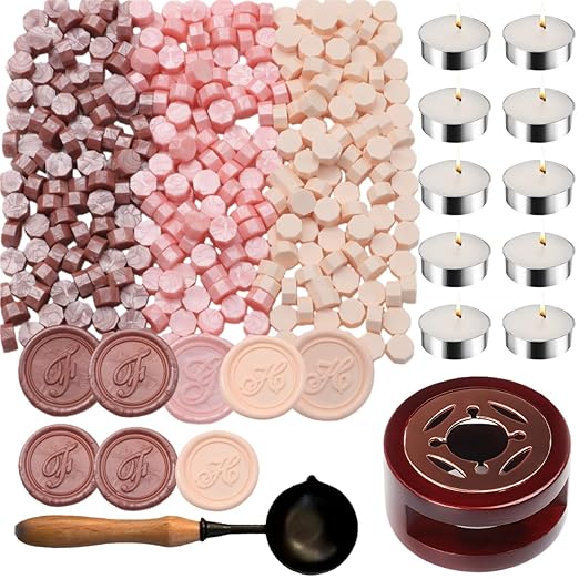 Wax Seal Kit with Warmer, ONWINPOR 300pcs Pink Sealing Wax Beads in 3 Colors, Non-Slip Spoon, Candles for Envelopes, Stamp Letter Seal,Wedding Invitations (Pink Mix)