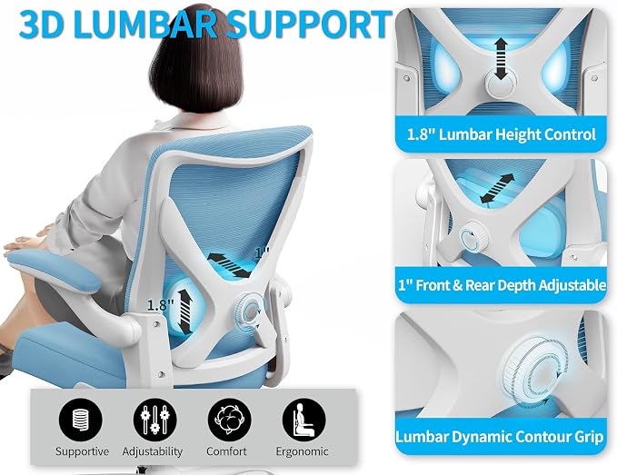 Office Chair Ergonomic Desk Chair Comfy: 330LBS Mesh Computer Chair Ergonomic Gaming Chairs with Wheels Adjustable Lumbar Support and Flip up Armrest-Swivel Executive Chairs Long Hours(Sky Blue)