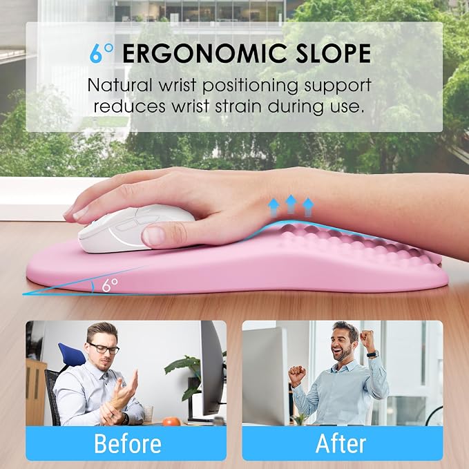 MROCO Ergonomic Mouse Pad with Wrist Support, 11.8 x 7.8 in, Pale Pink | Memory Foam Wrist Rest Mouse Pad, Non-Slip Base, Smooth Lycra Surface for Office & Home, Comfortable Wrist Support