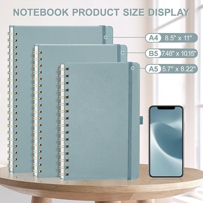 AHGXG Dotted Journal Spiral Notebook 8.5" x 11", Large A4 Leather Hardcover Dotted Notebook, 100 GSM Thick Dot Grid Paper, Inner Pocket, for Dotted Journaling, GrayBlue