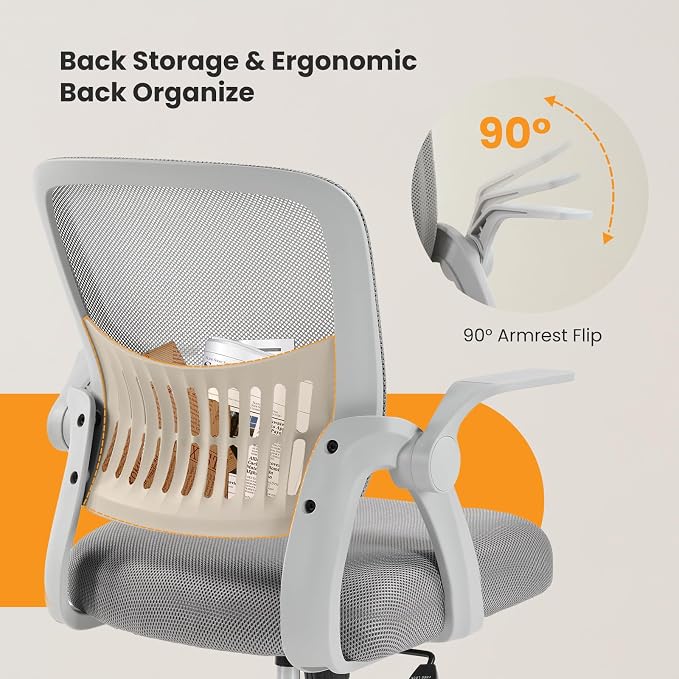 Sweetcrispy Home Office Managerial Executive Chair, Flip Up Armrest Ergonomic Mesh Adjustable Swivel Mid-Back Computer Desk Chair with Comfortable Lumbar Support, Comfy Arms for Bedroom,Study