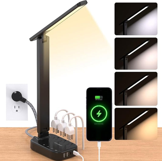 One Beat Small LED Desk Lamp Power Strip 5ft Extension Cord with 3 Outlets 4 USB Ports(2 USB C), 4 Modes, 5 Level Touch Lamp Study Reading Light, Home Office Bedroom College Dorm Room Essentials,Black