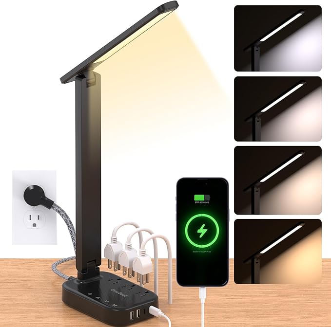 One Beat Small LED Desk Lamp Power Strip 10ft Extension Cord, 3 Outlets 4 USB Ports(2 USB C), 4 Modes, 5 Level Touch Lamp, Study Reading Light, Home Office Bedroom College Dorm Room Essentials, Black