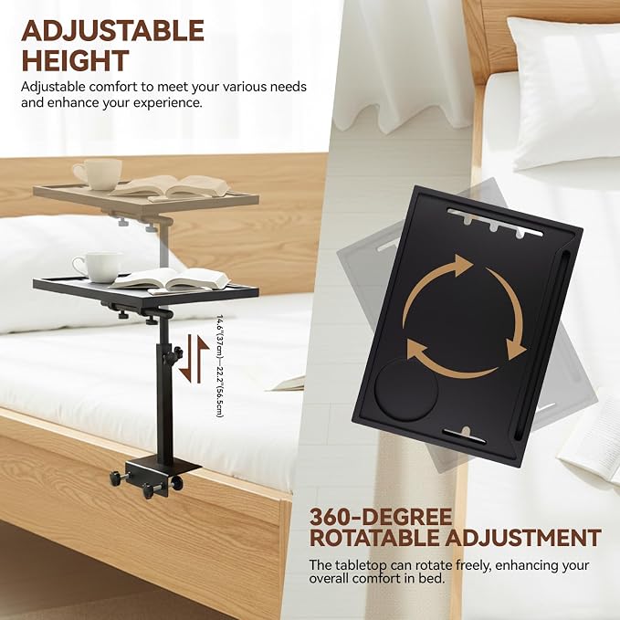 Bedside Shelf Rotating Foldable Tray:Height-Adjustable Clip On Bed Side Tray Table, Tray Table with Sturdy Metal Pole,Fits Bed Frames 0.7"-2.7" Wide for Dorms, Apartments, Bedrooms,Dorm Essentials