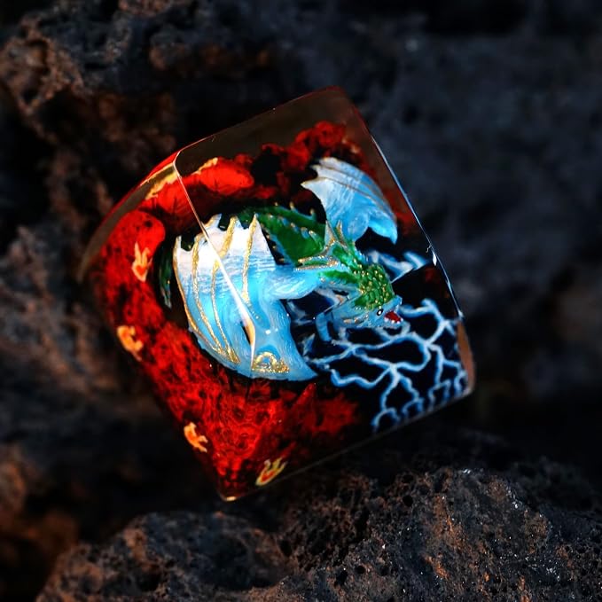 Blue Dragon Artisan Keycap with Volcano - 1U ESC, R1 SA Profile Custom Handmade Resin Cherry MX Switch Key Cap Mechanical Keyboard, Cool Tech Gifts for Men, Dad, Father, Gamer, Space Lover