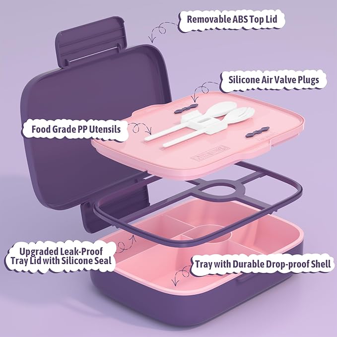Kids Bento Lunch Box with Thermo Leak-Proof Snack Lunch Container with Insulated Lunch Bag Utensils Set Back to School Supplies Gifts for Boys and Girls Toddlers Kindergarten Lunch Accessories Purple