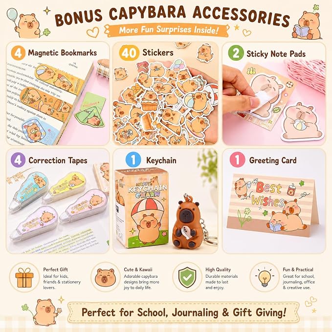 Cute Capybara Stationery Gift Set for Kids,30 Piece Animal Theme School Supplies Kit with Pencil Case,Notebook & Stickers,Practical and Fun for Birthday,Easter& Festivals Gift Girls Boys