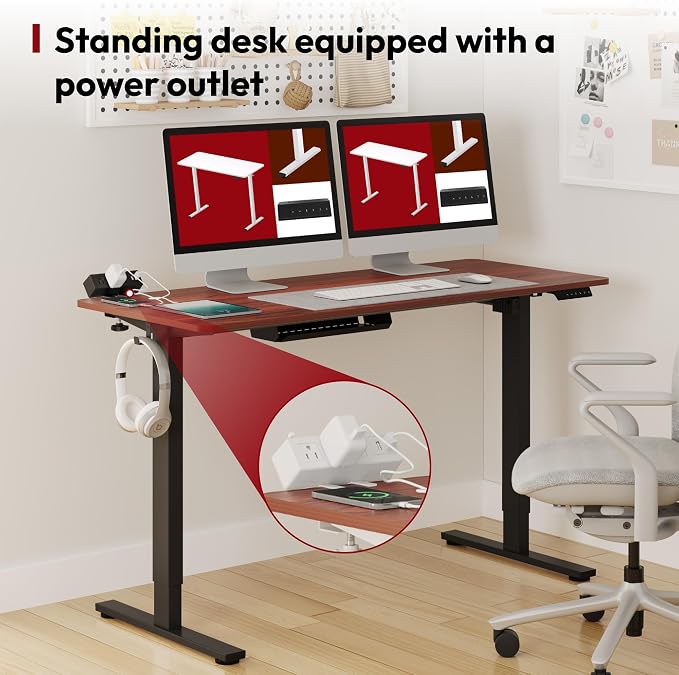 SANODESK Electric Standing Desk with Clamp Power Strip 60"x 24" Whole-Piece Desktop Height Adjustable Stand Up Desk with Cable Management Home Office Desk Black Frame/Mahogany Top