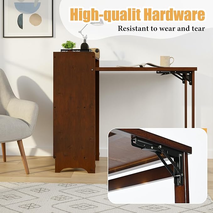 tonchean Bamboo Folding Desk with Storage Shelves, Foldable Computer Desk for Small Spaces Mid Century Fold Out Table Hidden Desk Space Saving Writing Table for Home Office Bedroom Dorm, Brown
