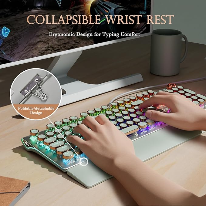 RK ROYAL KLUDGE X108 Typewriter Style Mechanical Keyboard, Wired Gaming Keyboard 108 Keys RGB Backlit Sidelight, Detachable Wrist Rest, Volume Knob, Retro Round Keycaps Blue Switches - Green