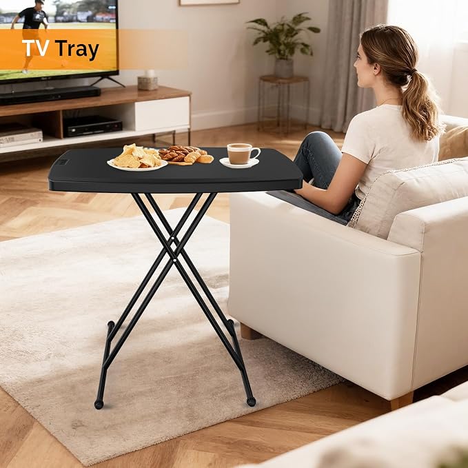 VINGLI Small Folding Table Portable, 30" Adjustable Height Personal Laptop TV Tray, Camping Table, HDPE Plastic Top with Steel Frame,Black