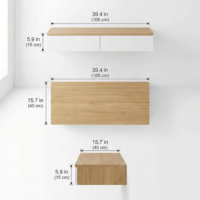Wall Mounted Floating Vanity Desk with 2 Storage Drawers Modern MDF Makeup Table – 39.4 x 15.7 x 5.9 in (100 x 40 x 15 cm), Space-Saving Dressing Table for Bedroom or Small Spaces (Natural Wood)