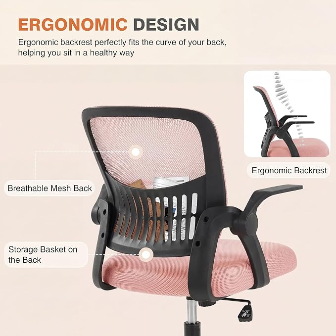 Sweetcrispy Home Office Managerial Executive Chair, Flip Up Armrest Ergonomic Mesh Adjustable Swivel Mid-Back Computer Desk Chair with Comfortable Lumbar Support, Comfy Arms for Bedroom,Blak&Pink