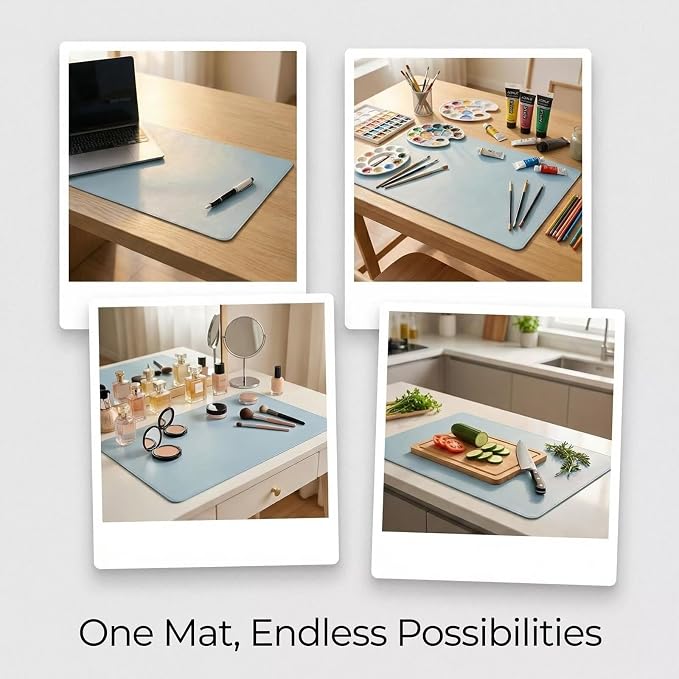 11" x 20" Waterproof Leather Desk Pad, Anti-Slip Base, Stitched Edges No Curling, Fits Laptop Keyboard and Mouse, Smooth Office Surface Mouse Mat for Work, Light Blue
