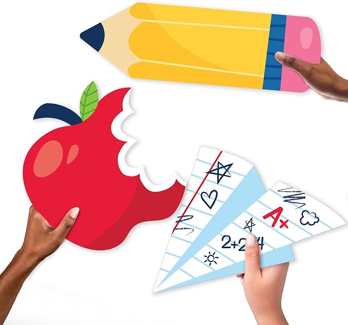 Big Dot of Happiness School Supplies - Paper Airplane, Apple and Pencil Decorations - Kids Classroom Decorations Large Photo Props - 3 Pc