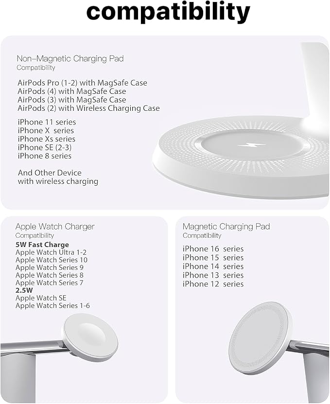 ZECHIN 3 in 1 Wireless Charging Station for Apple Devices with MagSafe | Charging for iPhone 17/Air/16/15/14/13, AirPods, Apple Watch, Weighted Stable Charging Stand, USB-C Adapter Included