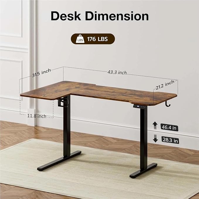 Acrolix L Shaped Electric Standing Desk - 43x31.5 Inch Reversible Corner Sit Stand Desk with Hook&Cup Holder,Electric Height Adjustable Table,for Small Home Office&Bedroom Computer Desk, Rustic Brown