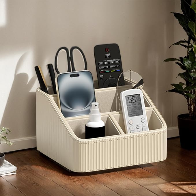 Buqoo Coffee PU Leather Desk Organizer with Gold Accents | 4-Compartment Remote Holder & Stationery Caddy for Office/Nightstand (6.89in×6.69in×3.94in)