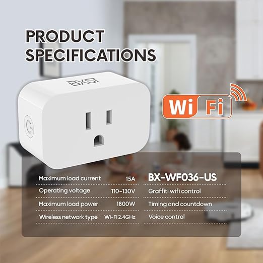BXST Smart Plug, WiFi Smart Plugs Work with Alexa and Google Home, 15A/1800W Max, Smart Outlet Timer with APP Remote Control, Voice Control, 2.4GHz Wi-Fi, No Hub Required, CE FCC Listed, 2 Pack, White