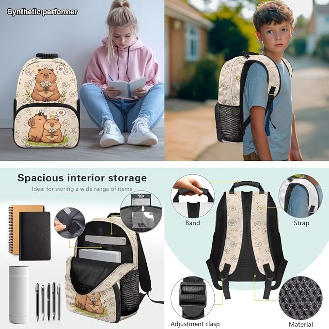 Capyabara Backpack for Girls 7-10, 4PCS School Backpack Set with Lunch Box, Pencil Case & Water Bottle Sleeve, Daisy Flower 17 Inch Book Bag for Elementary Back to School