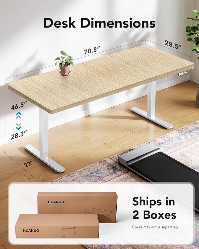 HUANUO 71 x 30 inch Electric Standing Desk, Powerful Brushless Motor Large Height Adjustable Table, 4 Memory Preset Sit Stand Up Desk, Home Office Computer Table with Thick T-Shaped Frame, Natural
