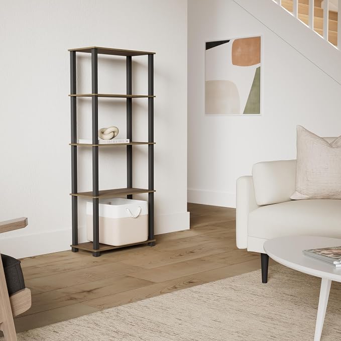 Furinno TURN-S-TUBE Book Shelf, 5-Tier Toolless Storage Shelves with Square Tubes, Shelving Unit for Organization and Storage for Living Room, Home Office, Columbia Walnut