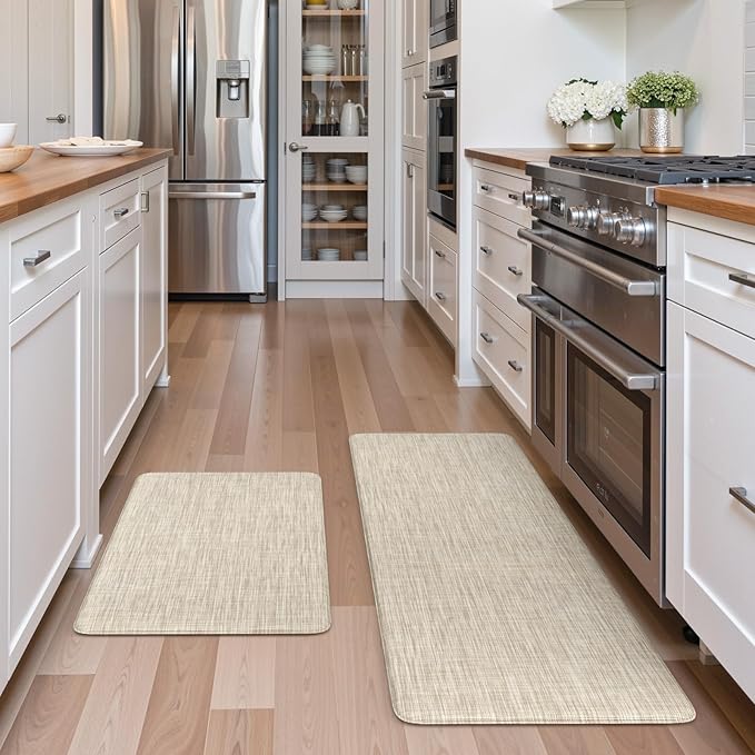Collive Kitchen Mats for Floor 2PCS, Cushioned Anti Fatigue Rugs Non Slip Waterproof Kitchen Sink Mat, Memory Foam Comfort Standing Mats for Desk, Office, Home Decor, 20" x 47" + 20" x 32", Beige