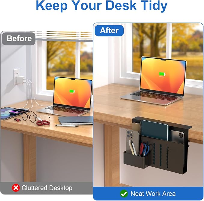 HAMOPY Desk Side Storage, Single-Layer Steel Hanging Desk Organizer with Magnetic Pen Holder, No Drilling Desk Drawer Cable Management Tray, Under Table Laptop Holder for Office, School&Home(Black)