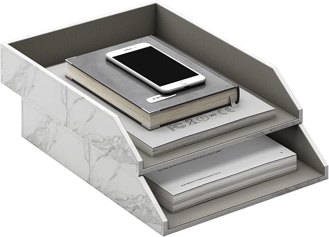 Leather Letter Tray, Thipoten Stackable Desk Organizer Holder for Office Supplies, Paper, File, Magazine, Perfect Office Organization for Desktop (White)