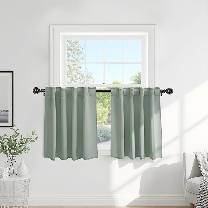 Pony Dance Short Gray Blackout Curtains - Small Window Drapes Thermal Insulated Light Blocking Drapes Back Tab/Rod Pocket Short Curtain Panels for Bedroom & Kitchen, 42 W x 30 L, Sage Green, 1 Pair
