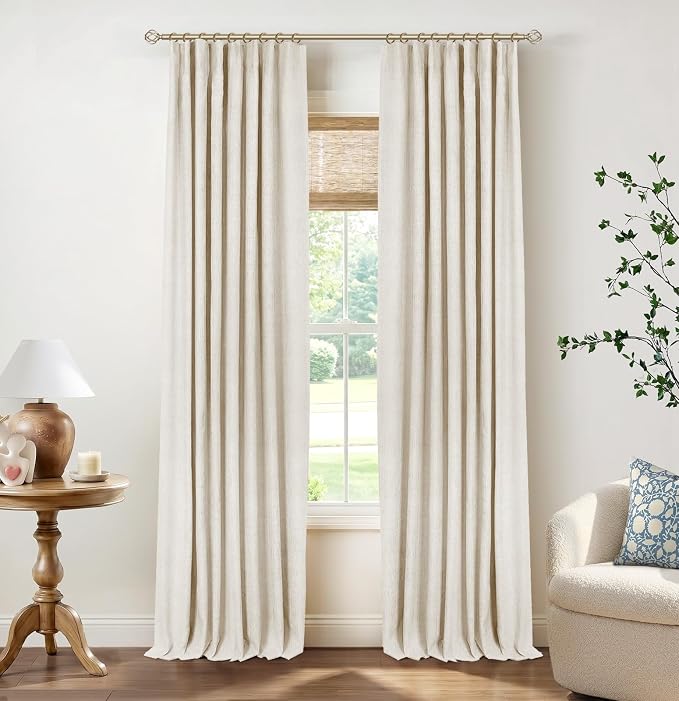 INOVADAY 100% Blackout Curtains for Bedroom, Cream Black Out Curtains 96 Inch Long, Clip Rings Linen Blackout Drapes, Thermal Insulated Room Darkening for Living Room, 2 Panels - W50xL96