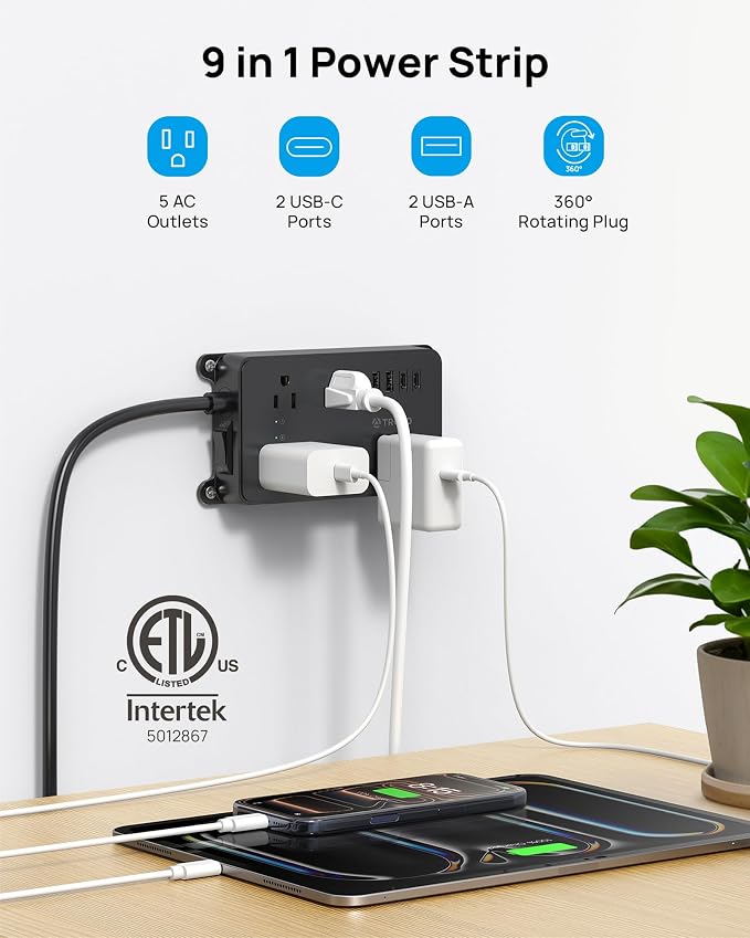 TROND 360° Rotating Flat Plug Power Strip, 5 Widely-Spaced Outlets with 2 USB A and 2 USB C, ETL Listed, 1300J Surge Protector, Wall Mountable, 5ft Extension Cord, for Home Office, Black