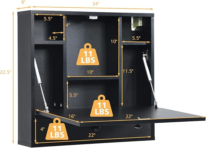 COSTWAY Wall-Mounted Computer Desk, Floating Desk with Storage Drawer & Shelves, Fold-up Desktop & Pneumatic Springs, Ideal for Home, Office, Dormitory, Small Spaces (Black)