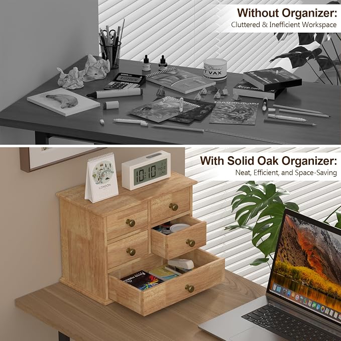 Oak Desk Organizer with Drawers, Durable Wooden Desktop Storage Box | 5 Drawer Tabletop Organizer with Metal Handle & Non-Slip Pad for Office, Bedroom, Bathroom, Vanity, Makeup, Light Burnt Brown