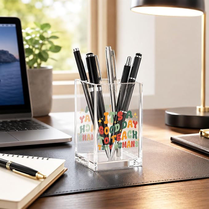 Teacher Acrylic Pen Holder Cup, Aesthetic Desk Decor, Inspirational Pencil Holder Organizer, Teacher Appreciation Gift for Women, Cute Office Desk Accessories