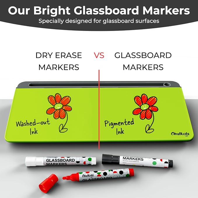 Chalkola Neon Green Glass Desktop Whiteboard with Storage - Dry Erase Board, Work Desk Organizers, Computer Keyboard Stand, Home Office Desk Accessories, Workspace Desktop Buddy + 3 Markers