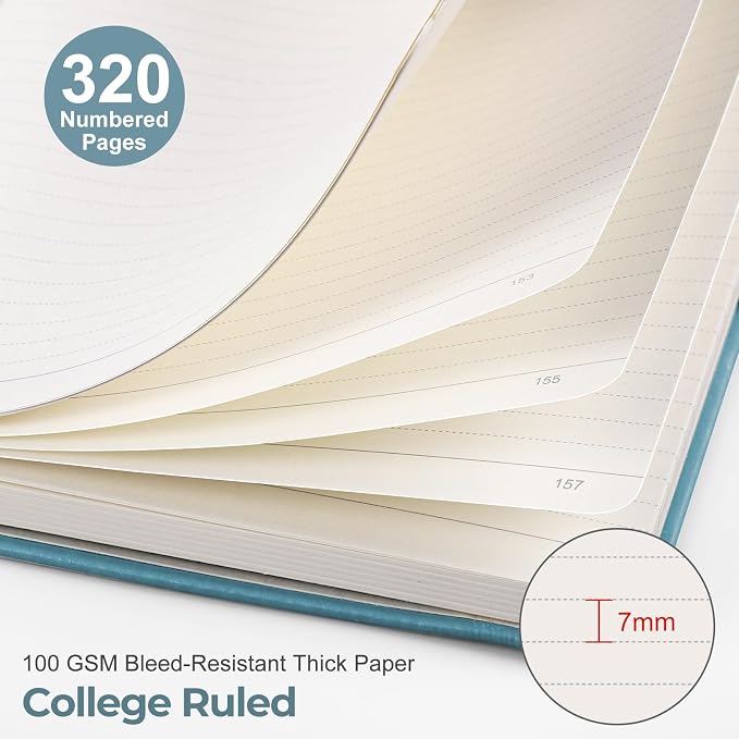 EMSHOI A5 College Ruled Notebook, 320 Numbered Pages 100GSM Ink-Proof Faux Leather Hardcover Lay-Flat Lined Journal for Work Office School Writing, SUN Design, Small 5.75" x 8.38", Light Blue