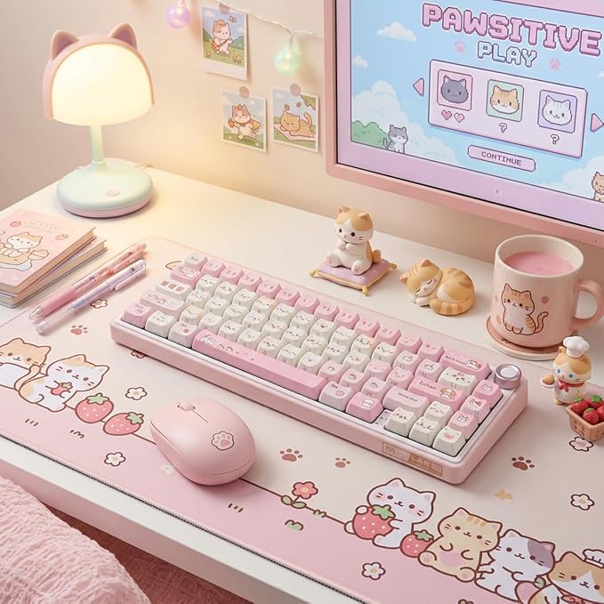 Tsungup Cute Cat Keycaps Set,Pink Pixel Mao Profile Keycaps,132 Keys PBT Custom Key Caps Keyboard Keycap for 60%,65%,75%,100% Mechanical Keyboard