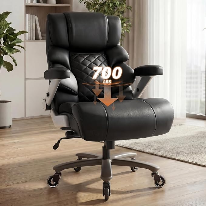 VUZI 700lbs Big and Tall Office Chair, Large Executive Leather Desk Chair | Adjustable Lumbar Support for Back Pain, Plus Size Wheels, 3D Flip Arms, Heavy Duty Metal Base, Wide Seat Computer Chair